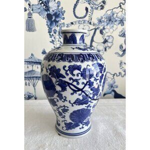 Blue & White Chinoiserie Vase Handpainted 10" H x 6" W Flower Container Classic